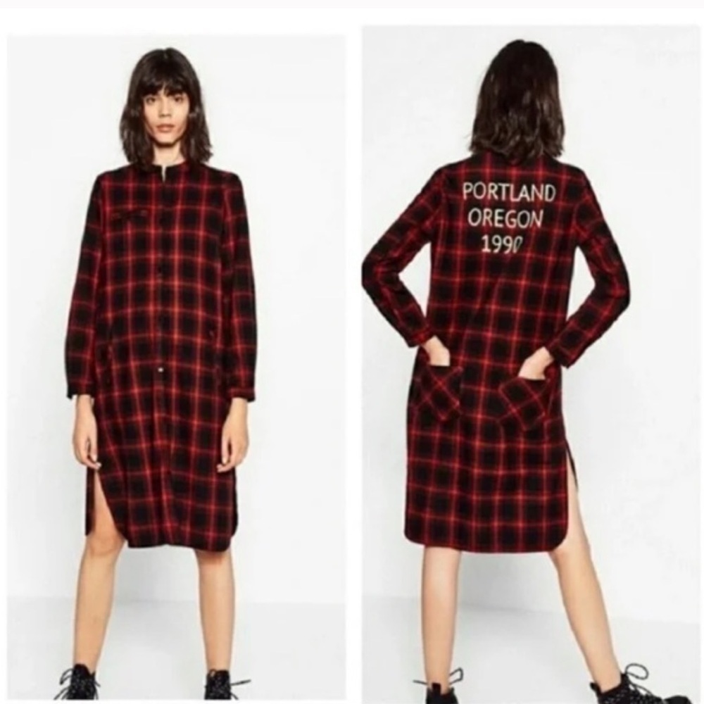 Zara Red Plaid Portland Oregon Long Line Duster Cardigan. Size Xs